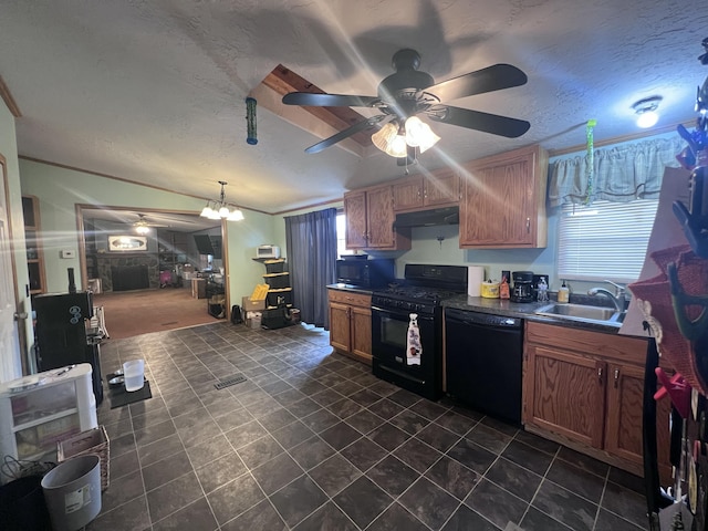 kitchen with a textured ceiling, black appliances, vaulted ceiling, ceiling fan with notable chandelier, and sink