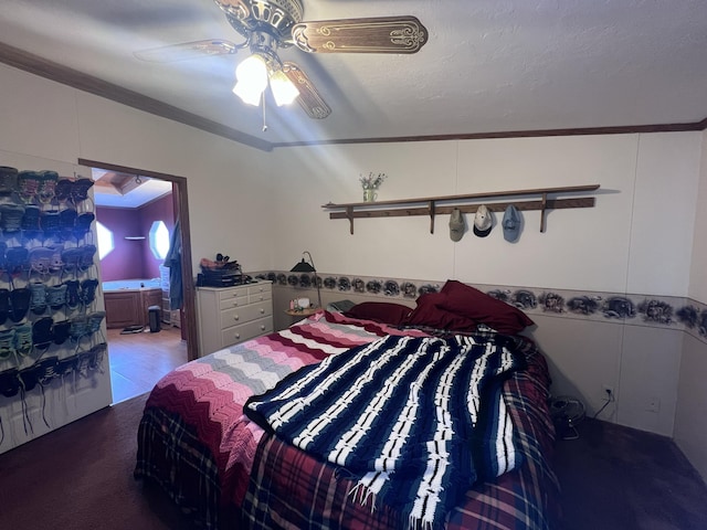 bedroom featuring ornamental molding and ceiling fan