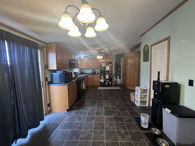 kitchen with ceiling fan with notable chandelier, crown molding, and black appliances