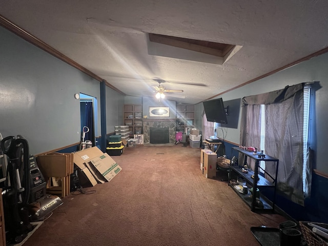 interior space with carpet flooring, crown molding, and a textured ceiling