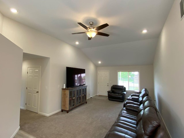 200 Malone Ave, Bellefontaine, OH 43311 - living area with ceiling fan, carpet flooring, baseboards, lofted ceiling, and recessed lighting