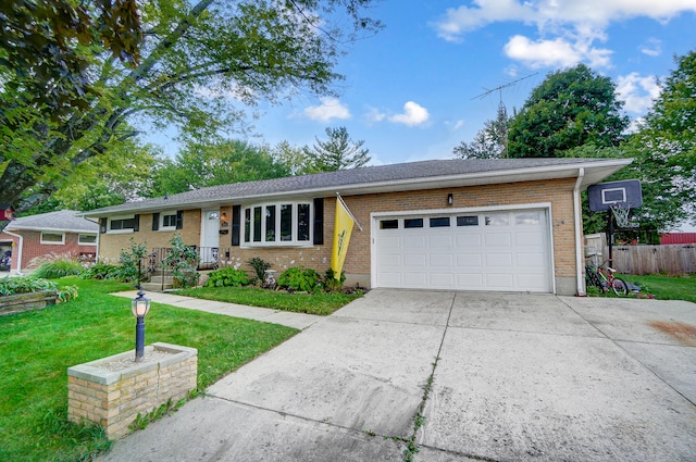 ranch-style house with an attached garage, brick siding, fence, driveway, and a front yard