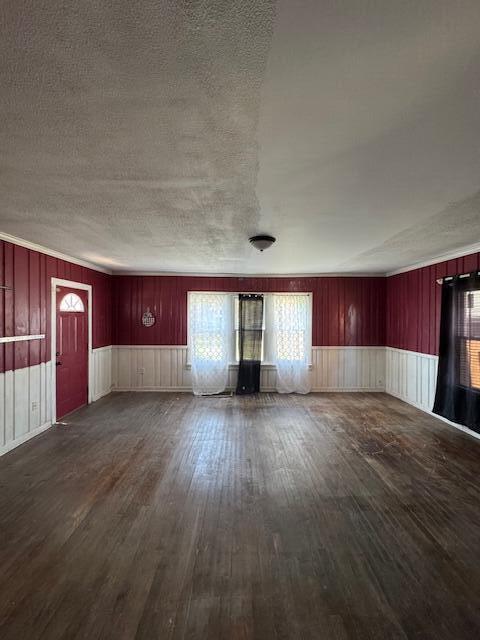 unfurnished living room with dark wood-type flooring, a wealth of natural light, and a textured ceiling