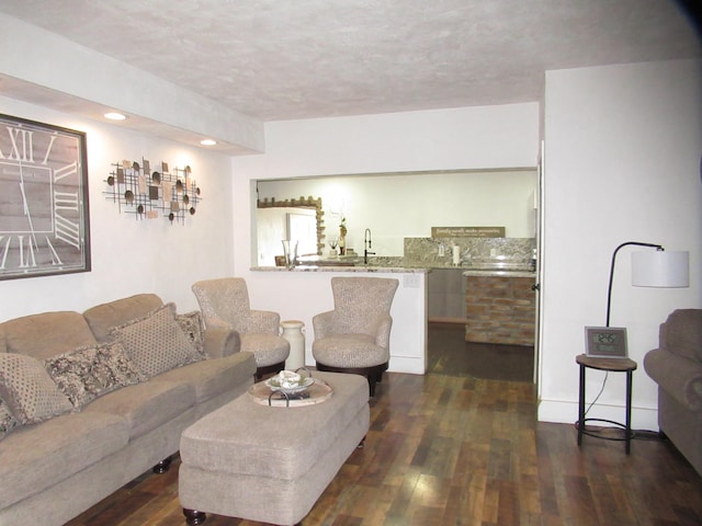 living room featuring sink and dark hardwood / wood-style floors