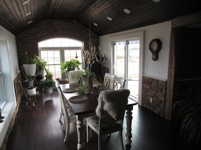 dining area with lofted ceiling, wood ceiling, dark wood-type flooring, and an inviting chandelier