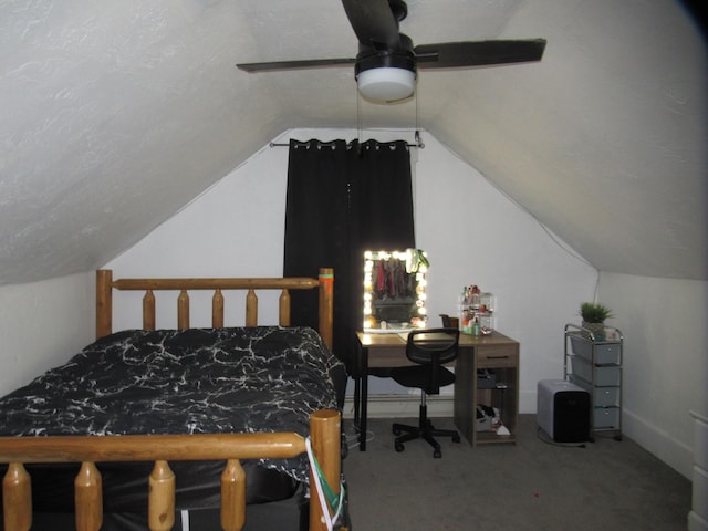 carpeted bedroom with lofted ceiling and ceiling fan