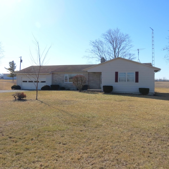 single story home featuring a garage, a chimney, and a front yard