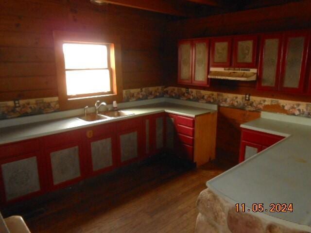 kitchen featuring glass insert cabinets, under cabinet range hood, light countertops, light wood-style flooring, and a sink