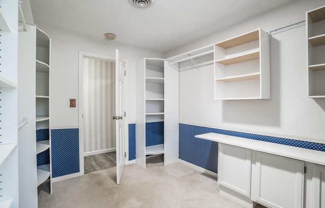 walk in closet featuring light carpet