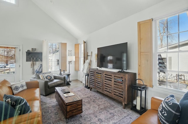 9436 Cottonwood Dr, Huntsville, OH 43324 - living room with high vaulted ceiling, baseboards, wood finished floors, and plenty of natural light