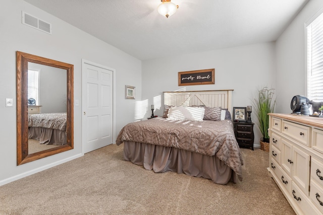 bedroom with multiple windows and light colored carpet