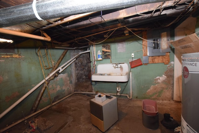 unfinished basement featuring a sink and electric panel