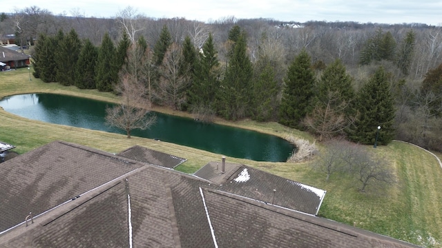 bird's eye view with a water view