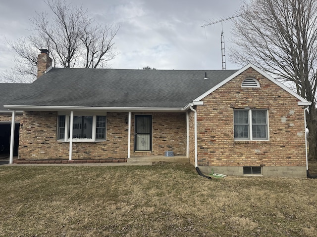 single story home featuring a shingled roof, brick siding, and a chimney