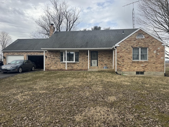 ranch-style house featuring aphalt driveway, brick siding, a chimney, a shingled roof, and an attached garage