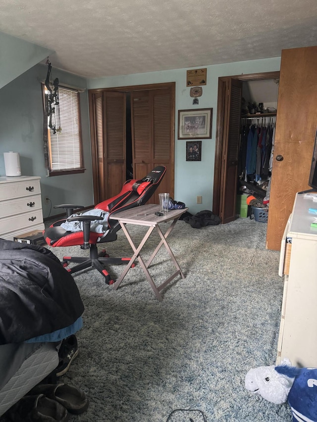 bedroom with carpet, a closet, and a textured ceiling