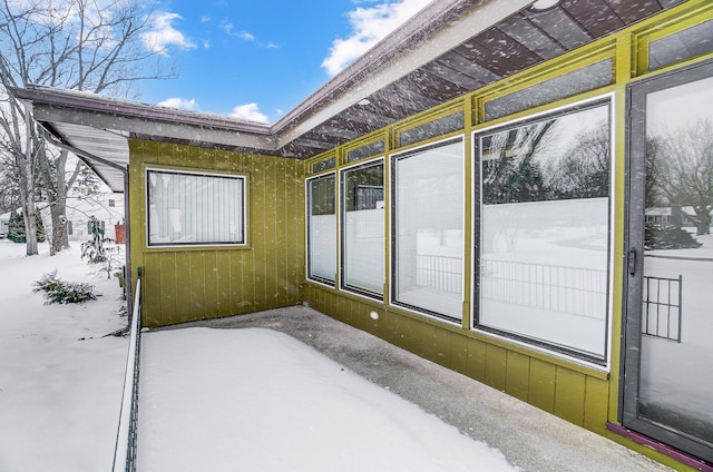 view of snow covered patio