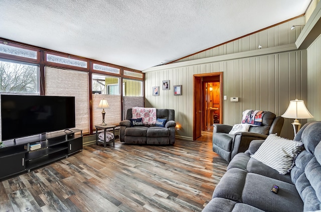 living room featuring vaulted ceiling, a textured ceiling, plenty of natural light, and wood finished floors