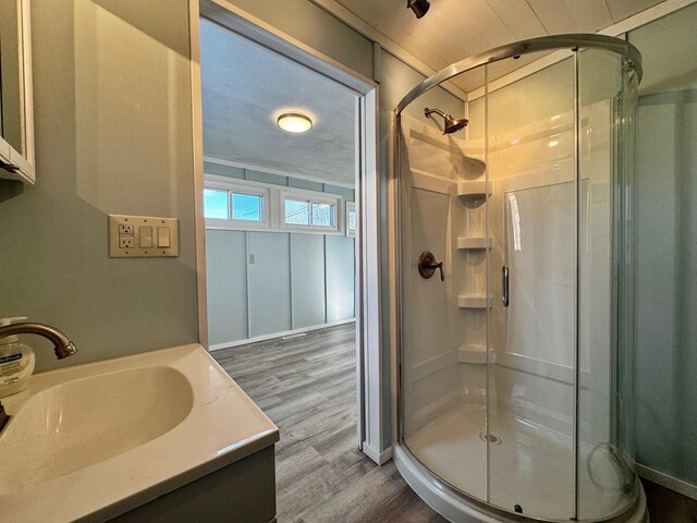 bathroom featuring a shower with door, vanity, and hardwood / wood-style floors