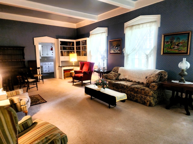 120 N Perry St, Saint Marys, OH 45885 - carpeted living room with wallpapered walls and beam ceiling