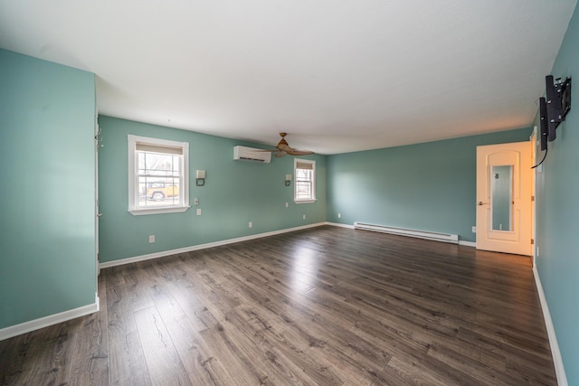 unfurnished room with dark wood-style flooring, a baseboard heating unit, ceiling fan, a wall mounted air conditioner, and baseboards