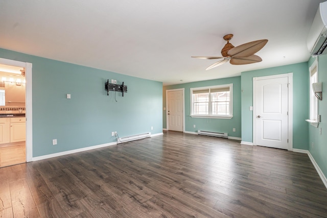 interior space with dark wood-style floors, baseboard heating, a ceiling fan, and a wall mounted AC