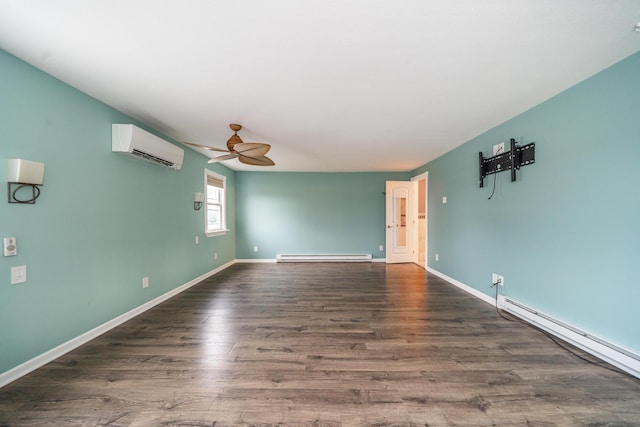 unfurnished living room with dark wood-style floors, ceiling fan, baseboard heating, and a wall mounted air conditioner