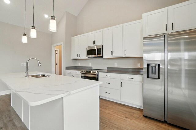 1505 Kingsgate Rd, Springfield, OH 45503 - kitchen with appliances with stainless steel finishes, a sink, high vaulted ceiling, light wood-style floors, and a kitchen island with sink