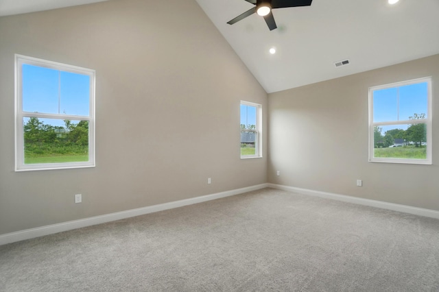 1505 Kingsgate Rd, Springfield, OH 45503 - unfurnished room with baseboards, high vaulted ceiling, light colored carpet, a ceiling fan, and recessed lighting