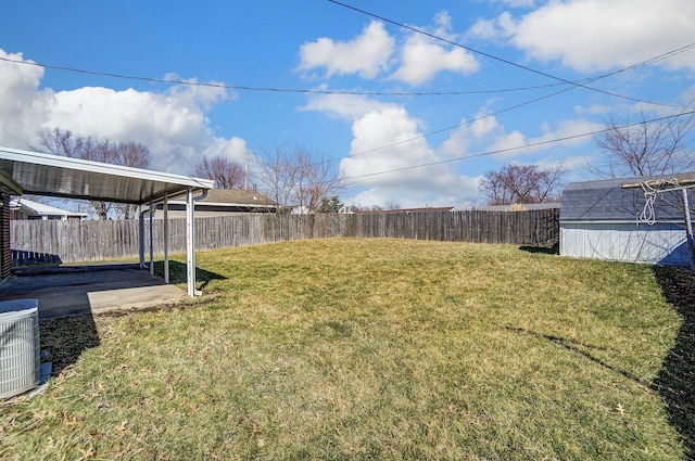 view of yard featuring cooling unit, a storage shed, an outdoor structure, a fenced backyard, and a patio area