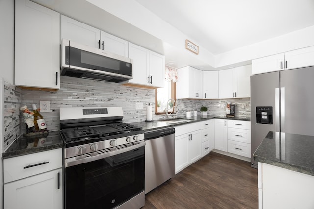 kitchen featuring white cabinetry, appliances with stainless steel finishes, dark hardwood / wood-style floors, and sink