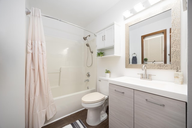 full bathroom featuring vanity, toilet, shower / tub combo, and hardwood / wood-style floors