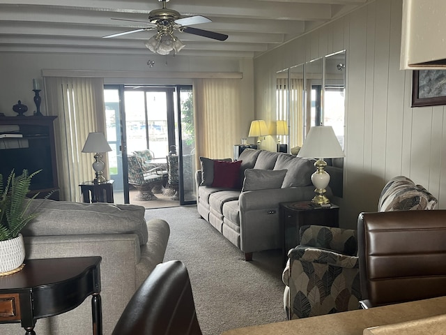 9638 State Route 368 Unit C6, Huntsville, OH 43324 - living area featuring carpet, ceiling fan, and beam ceiling