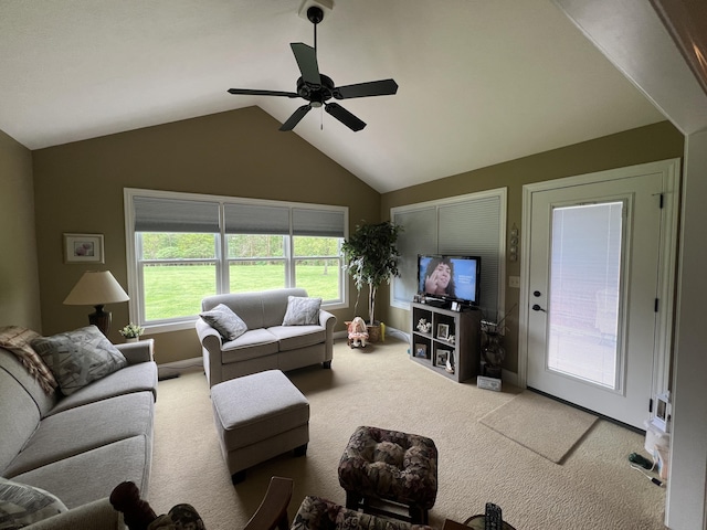 2732 Summer Field Trl, Sidney, OH 45365 - carpeted living area with a ceiling fan and lofted ceiling