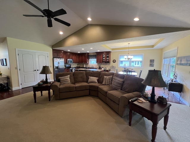 2732 Summer Field Trl, Sidney, OH 45365 - living room with a ceiling fan, a chandelier, recessed lighting, vaulted ceiling, and wood finished floors