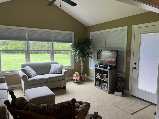 2732 Summer Field Trl, Sidney, OH 45365 - living room featuring carpet floors, a ceiling fan, and vaulted ceiling