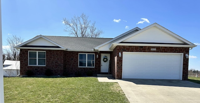 6855 Creekview Ct, Huntsville, OH 43324 - ranch-style house featuring concrete driveway, a front lawn, brick siding, a garage, and a shingled roof