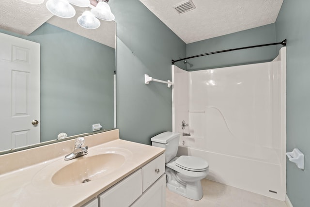 bathroom with visible vents, a textured ceiling, toilet, and vanity