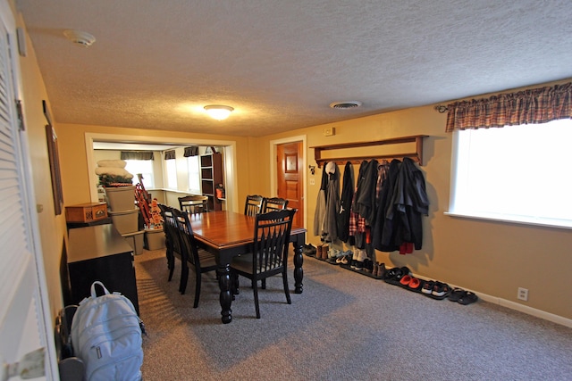 carpeted dining room featuring visible vents, a textured ceiling, and baseboards