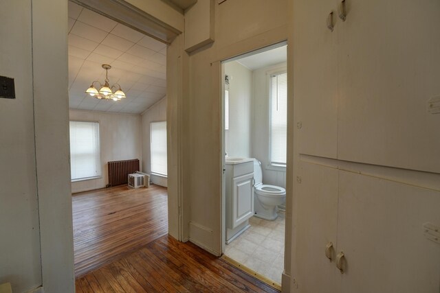 corridor featuring radiator, plenty of natural light, hardwood / wood-style flooring, and a notable chandelier
