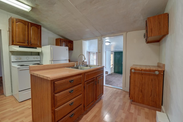 49 S W St, Versailles, OH 45380 - kitchen featuring white appliances, a sink, under cabinet range hood, light wood finished floors, and lofted ceiling