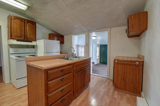 kitchen featuring a sink, light wood-style floors, under cabinet range hood, and white appliances