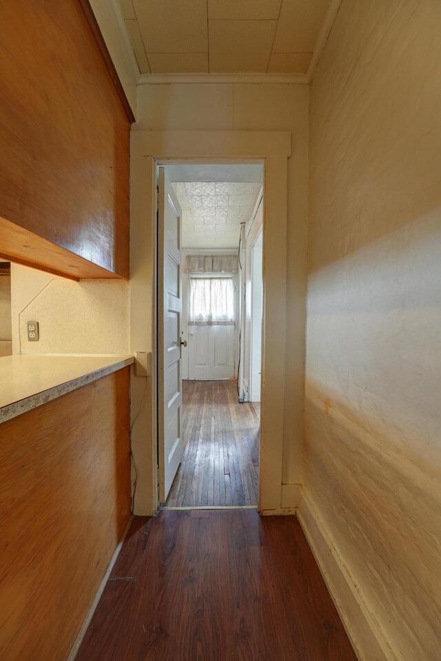hallway featuring crown molding and dark wood-style flooring