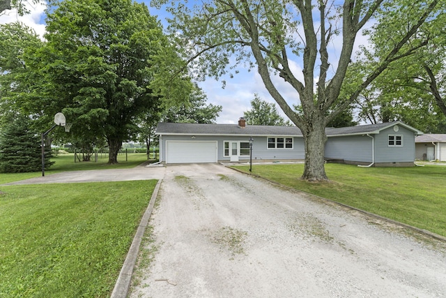 5899 N Springcreek Stringtown Rd, Piqua, OH 45356 - single story home featuring dirt driveway, a garage, a front lawn, and a chimney