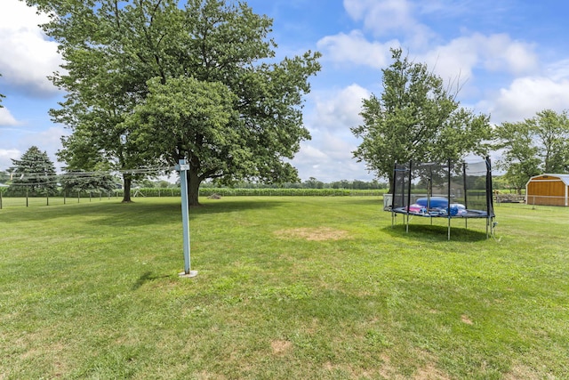 5899 N Springcreek Stringtown Rd, Piqua, OH 45356 - view of green lawn with a trampoline and an outbuilding