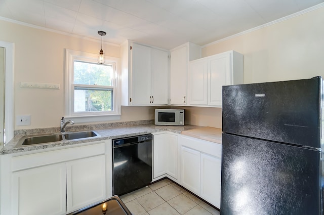 kitchen featuring sink, white cabinetry, ornamental molding, pendant lighting, and black appliances