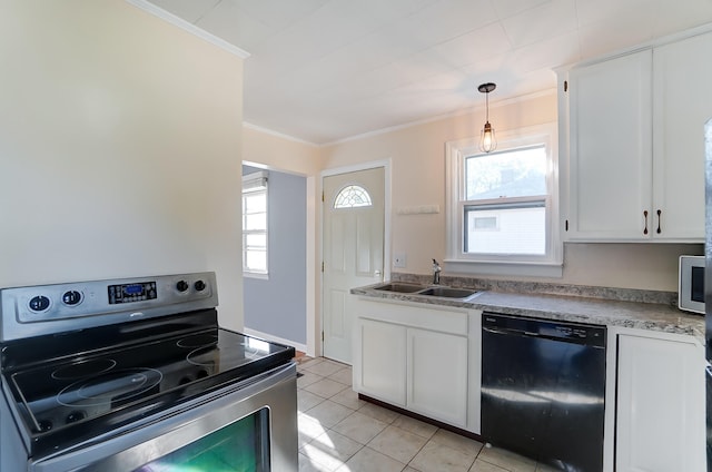 kitchen with white cabinetry, black dishwasher, sink, and stainless steel range with electric stovetop