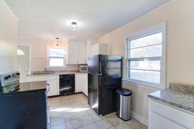 kitchen with sink, crown molding, black appliances, white cabinets, and decorative light fixtures