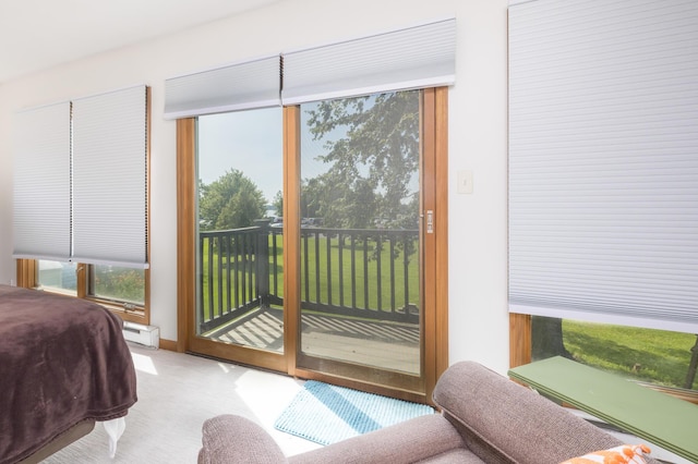 13730 Seminole Path, Lakeview, OH 43331 - bedroom with access to exterior, carpet floors, and baseboard heating