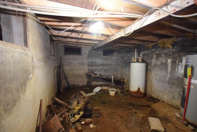 basement featuring water heater and gas water heater